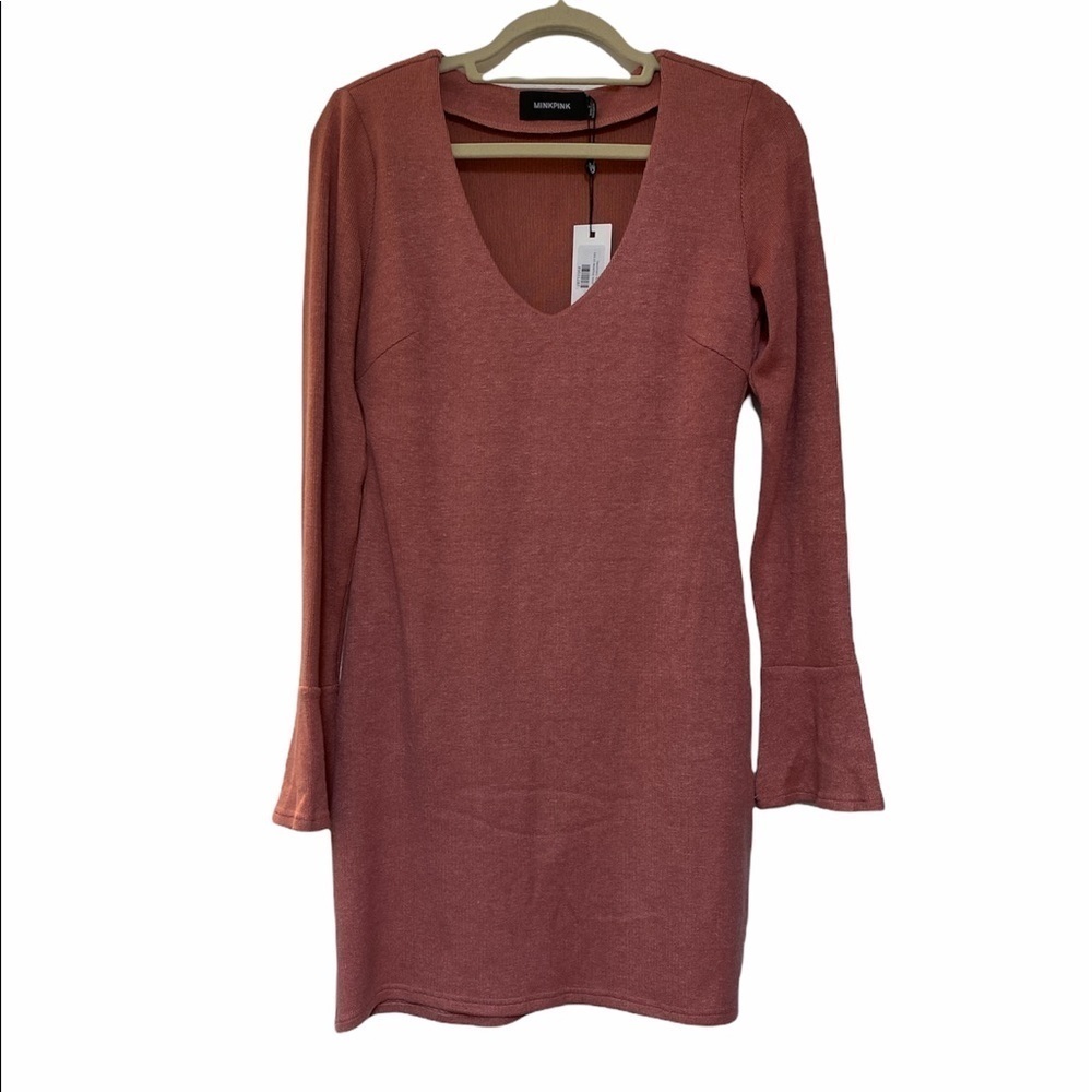 MinkPink Sweetness knit dress knee length long sleeve deep V-neckline Sz S NWT